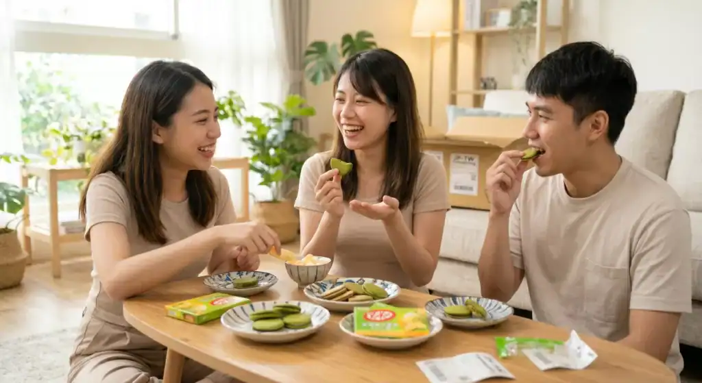 三位朋友正歡樂地開箱並享用 日本最新、台灣買不到的限定零食。
