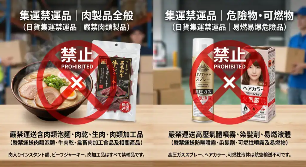 東京集運違禁品清單提示圖，展示含有肉類食品與高壓噴霧罐被標示紅色禁止符號，提醒網購族避開海關地雷。
